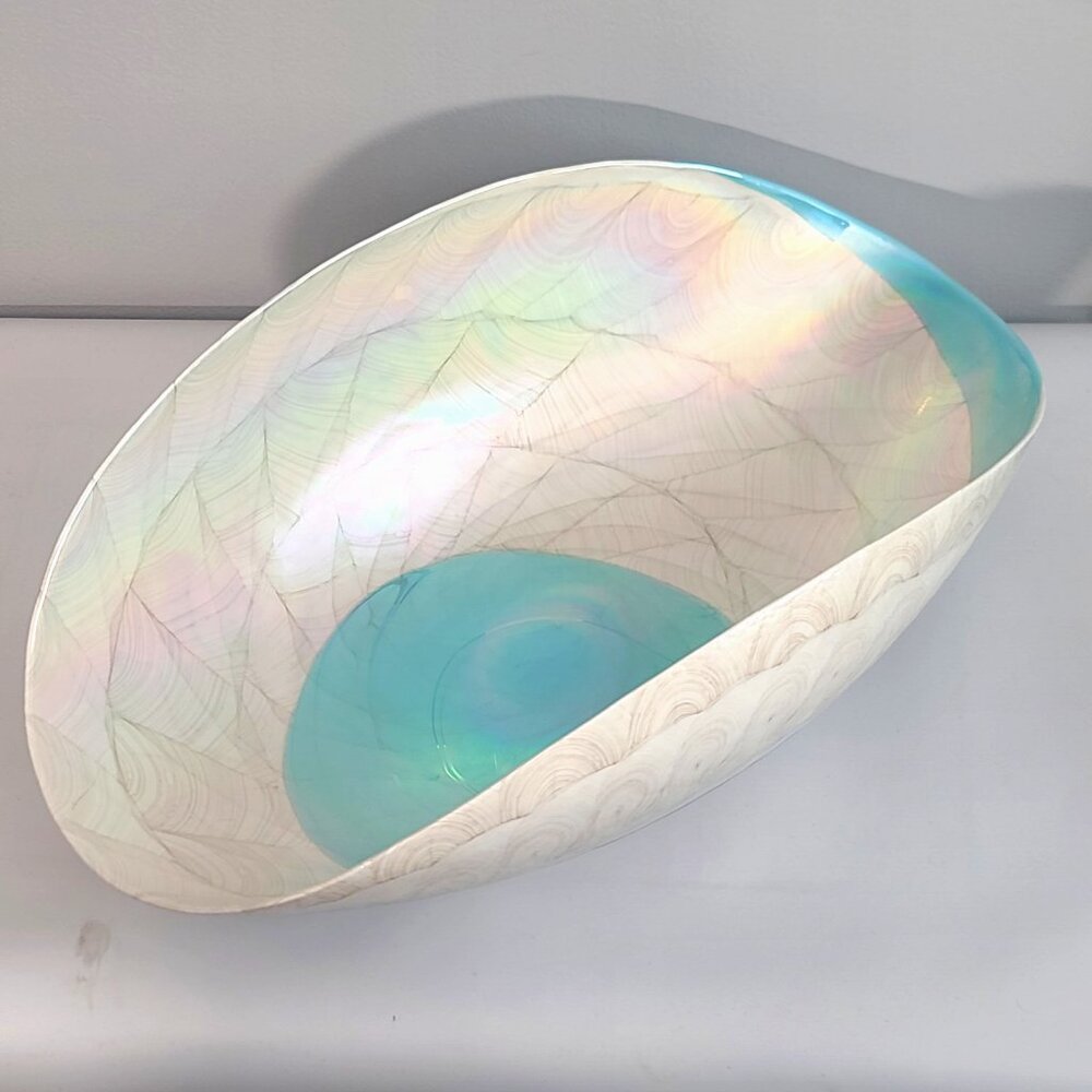 Yalos Murano studio art glass centerpiece bowl iridescent swirl shell Italian